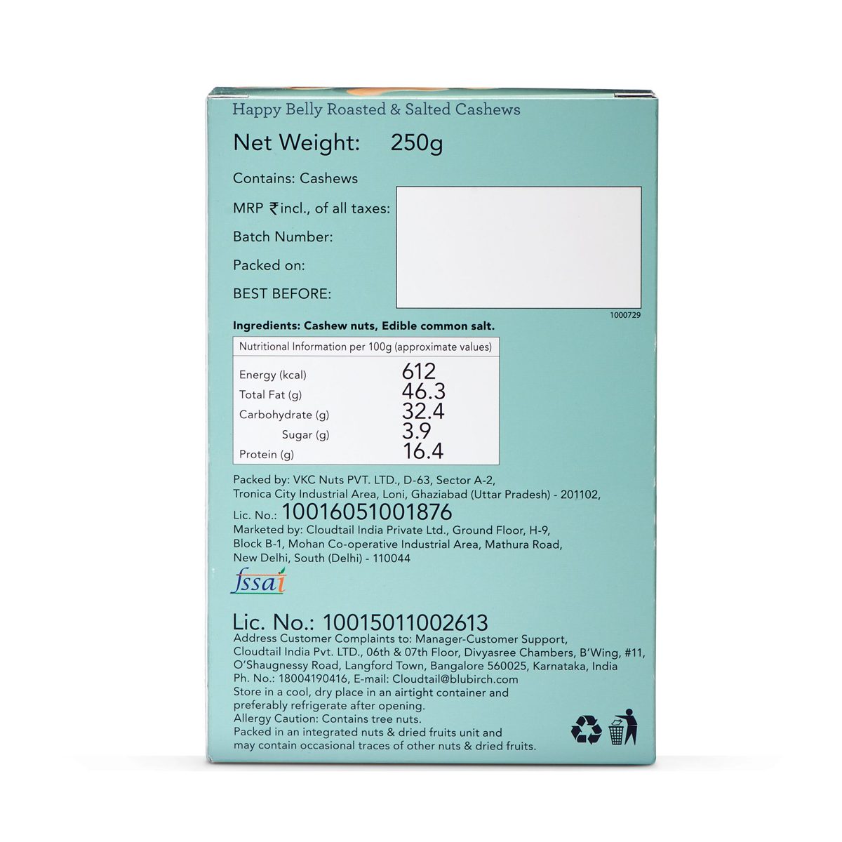 Happy Belly Roasted and Salted Cashews, 250g