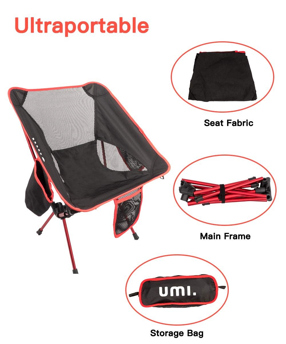 UMI. Essentials Portable Camping Chair Compact Ultralight Folding Chair with Carry Bag for Hiking, Beach,Fishing,Outdoor Heavy Duty 265 lb Capacity Red