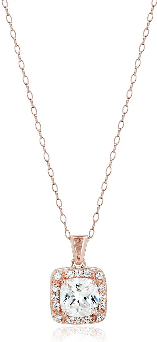 Sterling Silver AAA Cubic Zirconia Square Halo Pendant Necklace, 18"