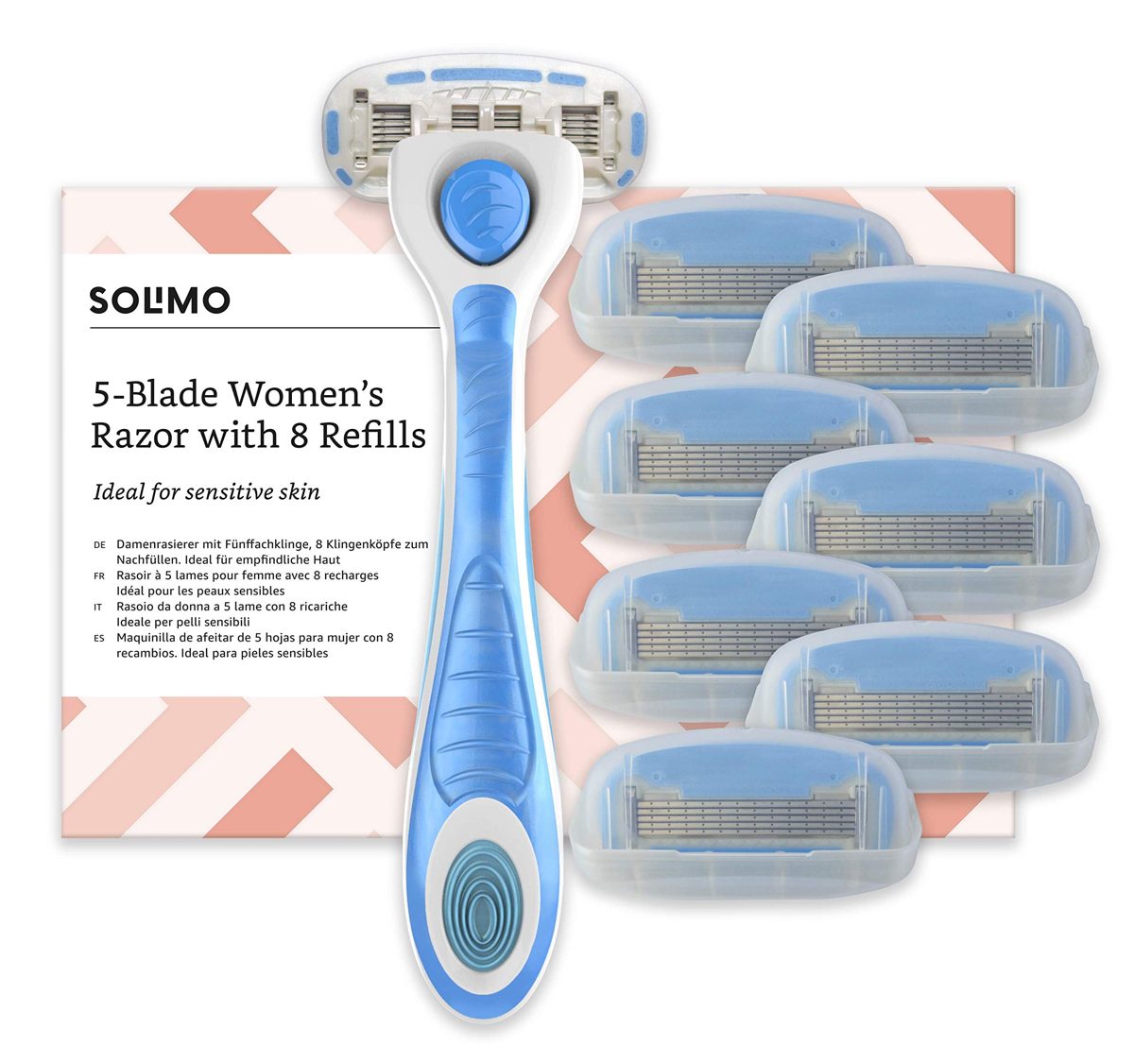 Amazon Brand Solimo Men's 5-Blade Razor, Includes 8 Replacement Blades