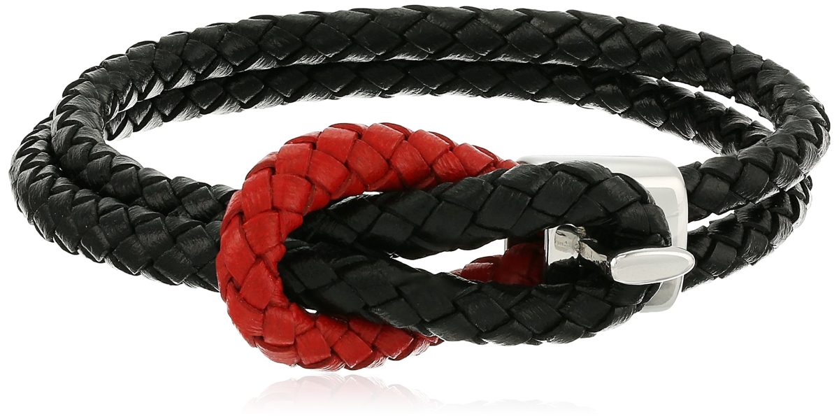 Men's Black and Red Genuine Leather Braided with Stainless Steel Hook Bracelet, 8"x 0.5"