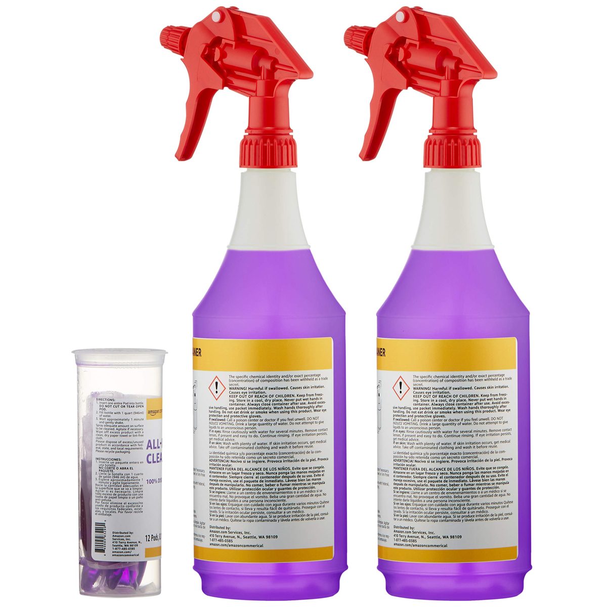 AmazonCommercial Dissolvable All-Purpose Cleaner Kit with 2 Sprayer Bottles and 12 Refill Pacs