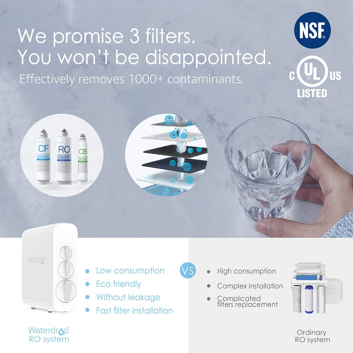 Waterdrop RO Reverse Osmosis Drinking Water Filtration System, NSF Certified, TDS Reduction, 400 GPD Fast Flow, Tankless, Compact, Smart Faucet, 1:1 Drain Ratio, UL Listed Power, USA Tech, WD-G3-W