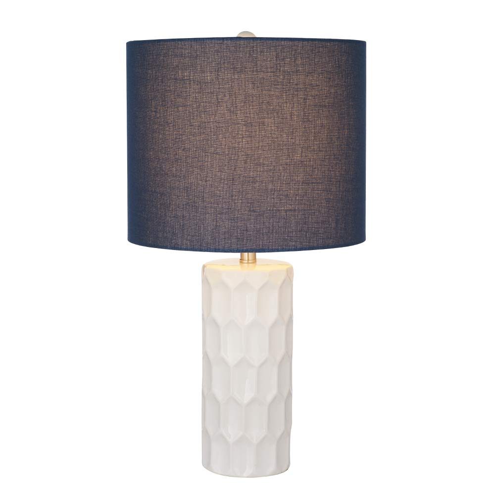 Amazon Brand – Ravenna Home Mid Century Modern White Ceramic Table Lamp With LED Light Bulb - 21 Inches, Blue Linen Shade