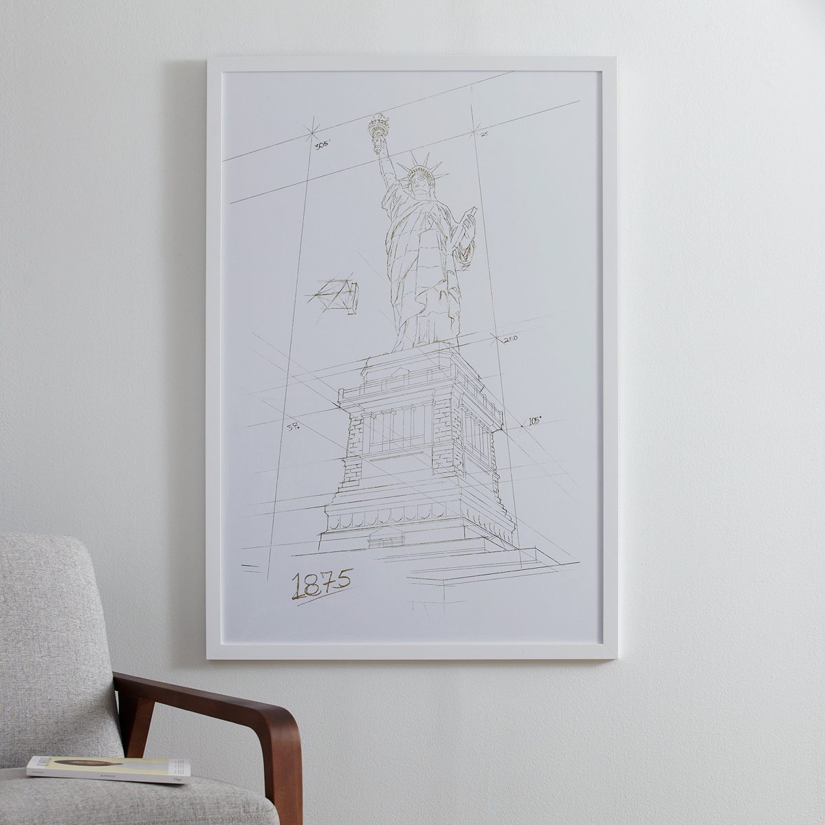 Amazon Brand – Stone & Beam Modern Gold/White and White Print Wall Art of Statue of Liberty, White Frame, 32" x 47"