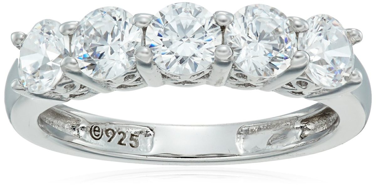 Platinum-Plated Sterling Silver Round-Cut 5-Stone Ring made with Swarovski Zirconia (1.25 cttw), Size 8