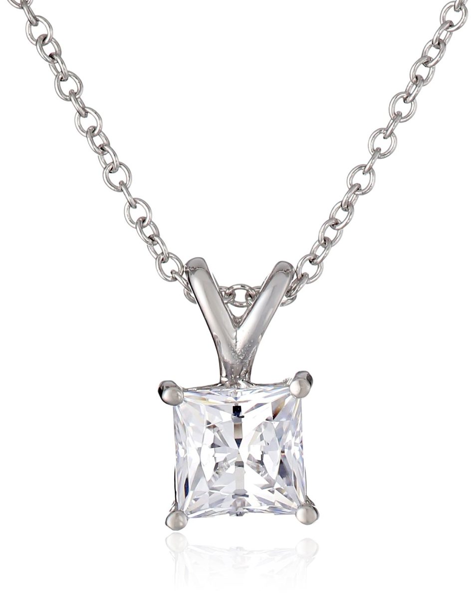 Platinum or Gold Plated Sterling Silver Princess Cut Solitaire Pendant Necklace made with Swarovski Zirconia, 18"
