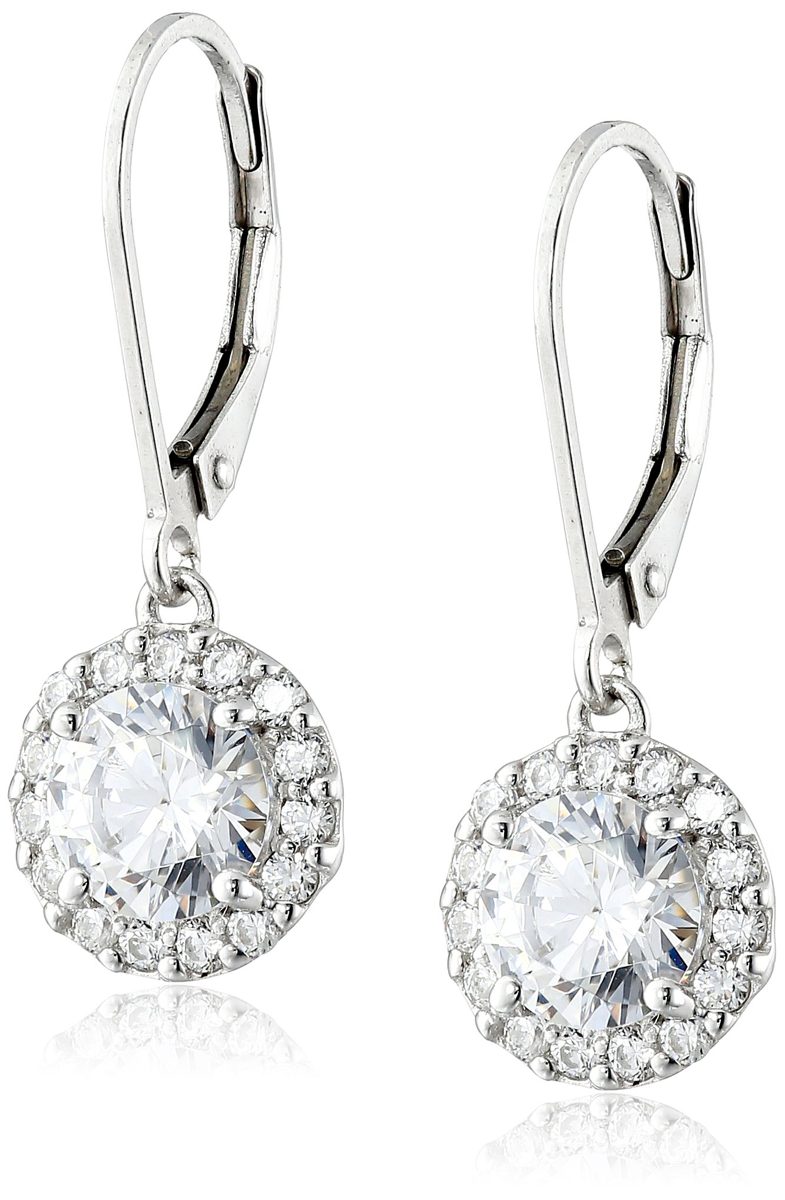 Platinum Plated Sterling Silver Leverback Drop Earrings Set with Round Cut Swarovski Zirconia