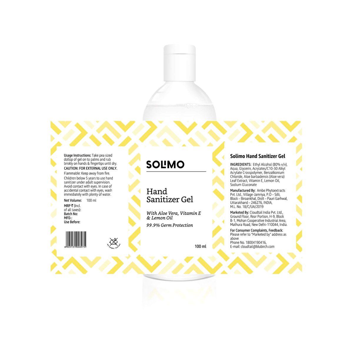 Amazon Brand - Solimo Hand Sanitizer Gel with Aloe vera, Vit E & Lemon Oil - 100 ml - Pack of 6