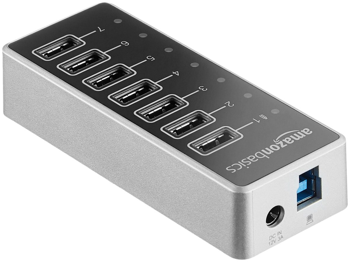 AmazonBasics USB-A 3.1 7-Port Hub with Power Adapter - 36W (12V/3A), Silver, EU