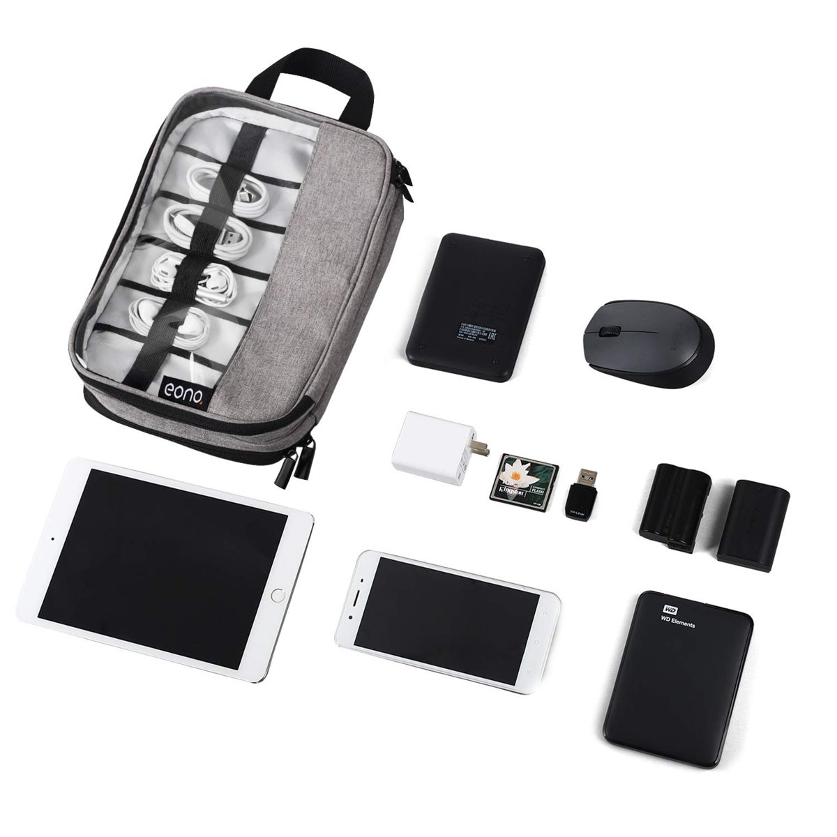 Eono by Amazon - Electronic Organizer, Double Layer Travel Gadget Bag For USB Cable, SD Card, Hard Drive, Power Bank, iPad Mini/Nintendo Swith Console/E-book or Tablet (up to 7.9'') Black
