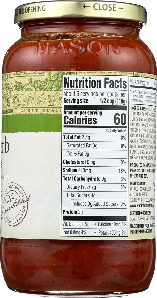 365 Everyday Value, Organic Italian Herb Pasta Sauce, 25 oz