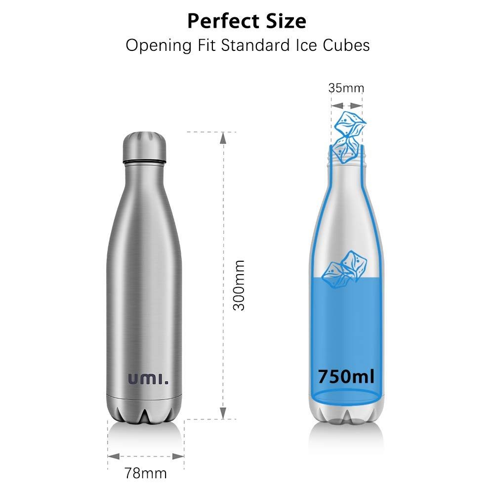 UMI. by Amazon Water Bottle in Stainless Steel / 750 ml or 500 ml / Vacuum Insulated Thermos Bottle / BPA-Free / Leak-Proof / Water Bottle for Sports, Outdoors, Office or School, Stainless steel, 750ml
