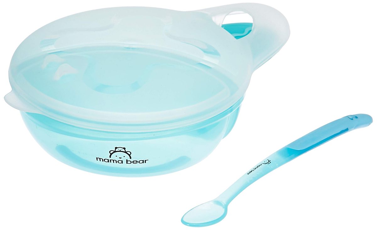Amazon Brand - Mama Bear Round Bowl with Snap-in Spoon and Lid (Blue)