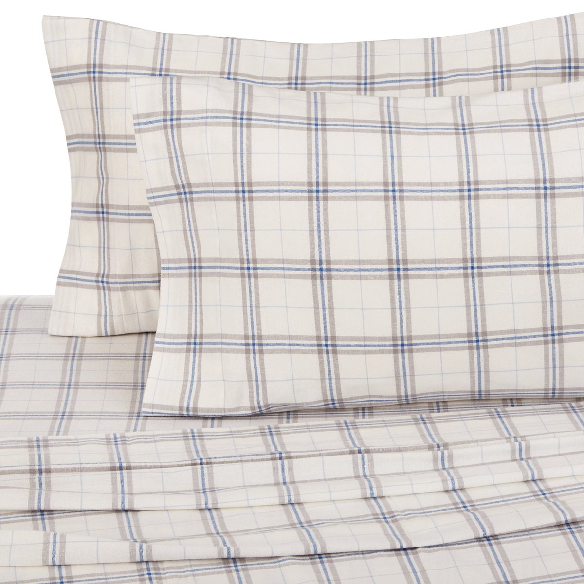 Pinzon 160 Gram Plaid Flannel Cotton Bed Sheet Set, King, Cream / Blue Stripe Plaid