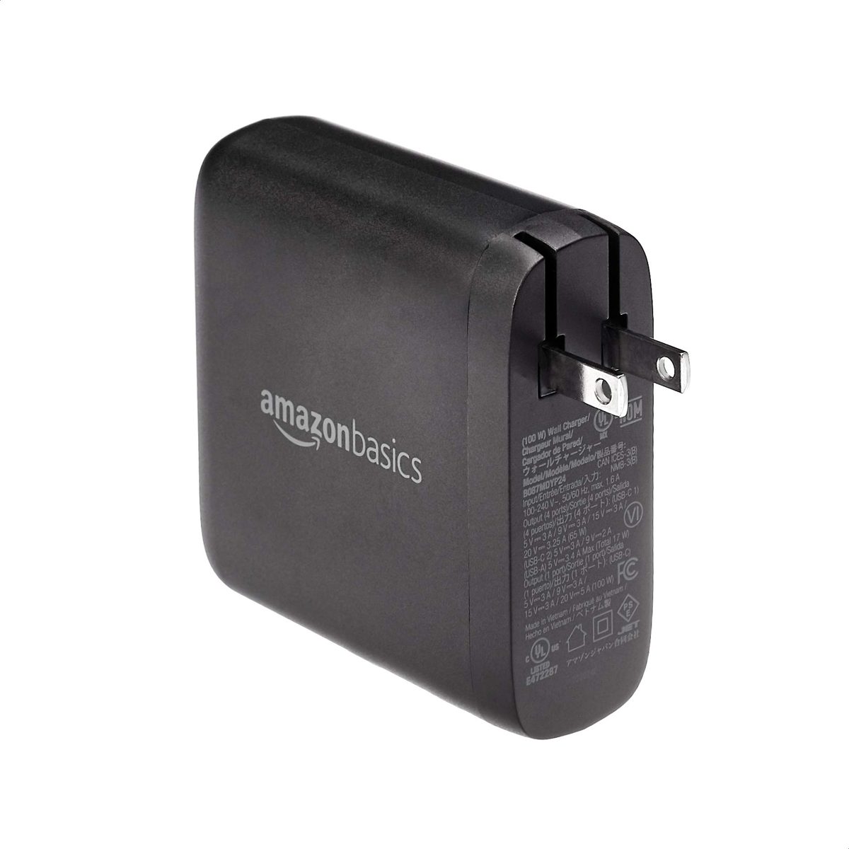 AmazonBasics 98W Four-Port GaN Wall Charger with 2 USB-C Ports (60W + 18W) and 2 USB-A Ports (10W + 10W) - Black