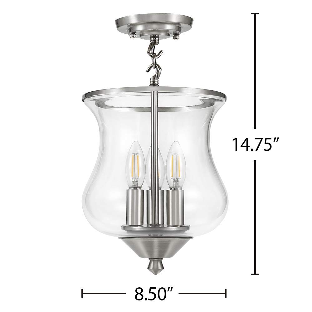 Amazon Brand – Ravenna Home Clear Glass Semi-Flush Mount Pendant Ceiling Light Fixture with LED Bulb - 8.5 x 8.5 x 14.75 Inches, Brushed Nickel