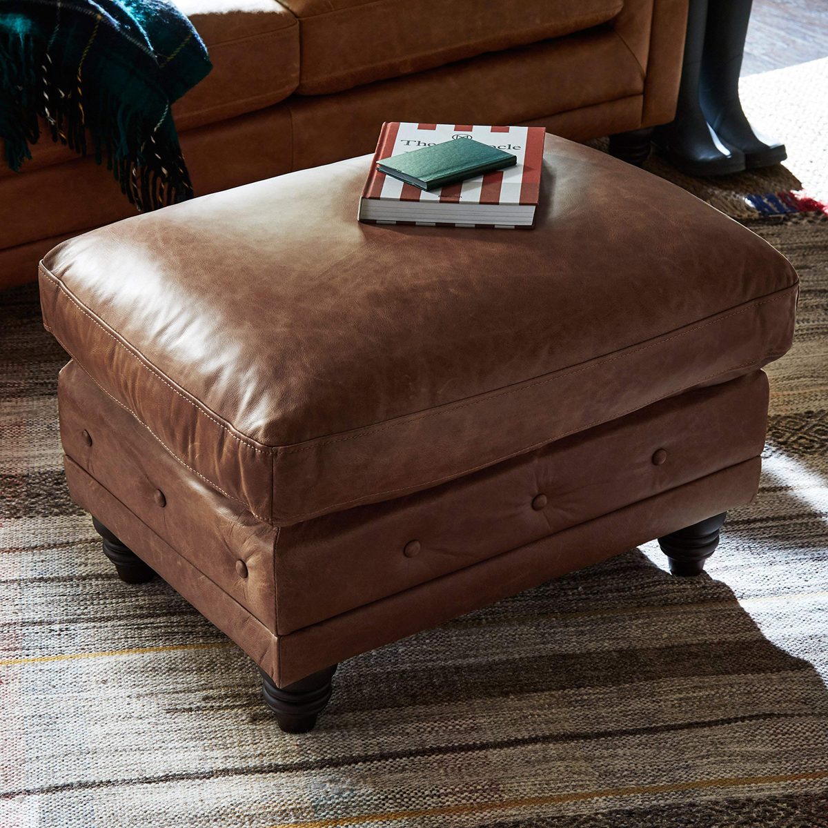 Stone & Beam Bradbury Chesterfield Modern Tufted Leather Ottoman, 30.3"W, Brown