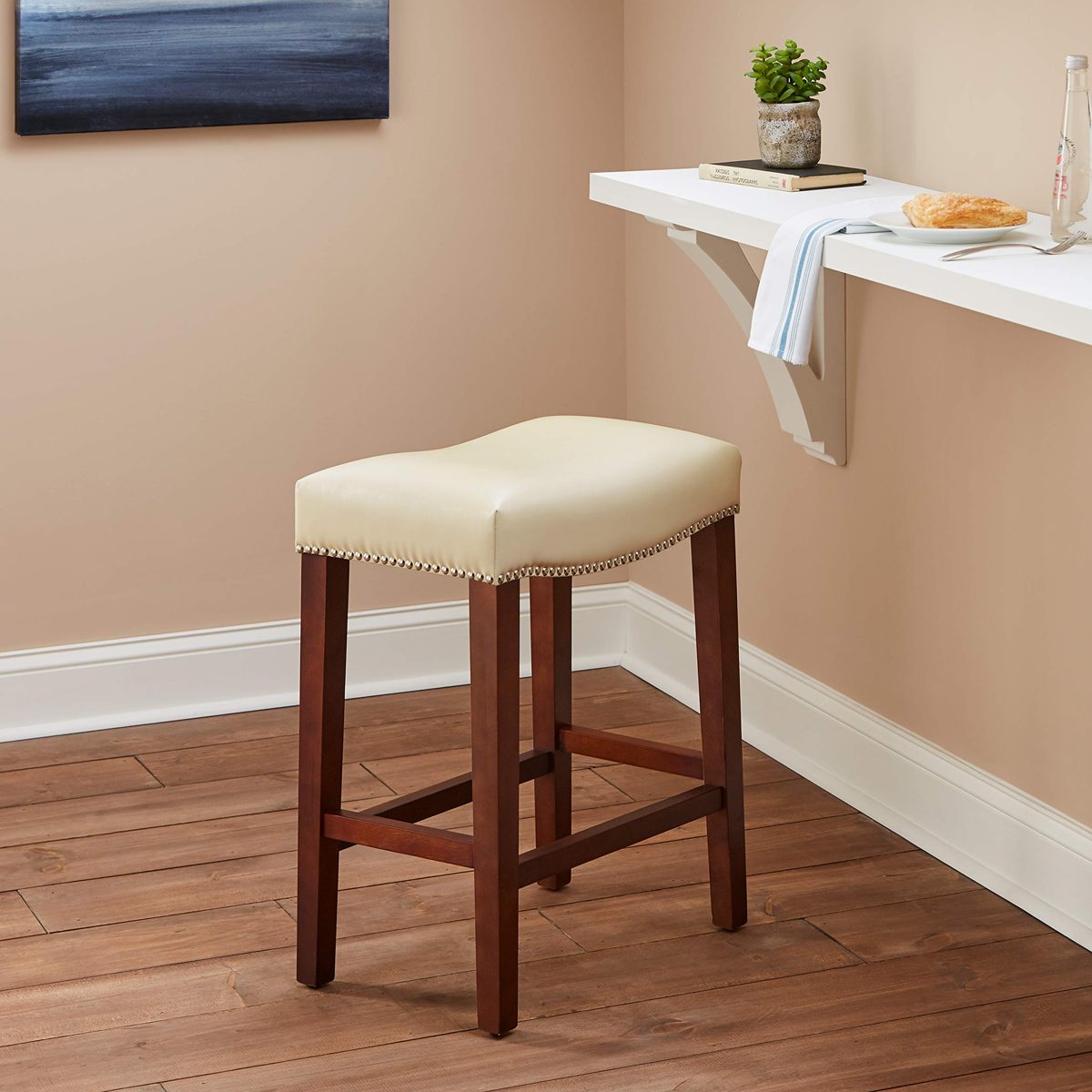 Amazon Brand – Ravenna Home Faraday Saddle Nailhead Counter Stool, 26"H, Black Faux Leather