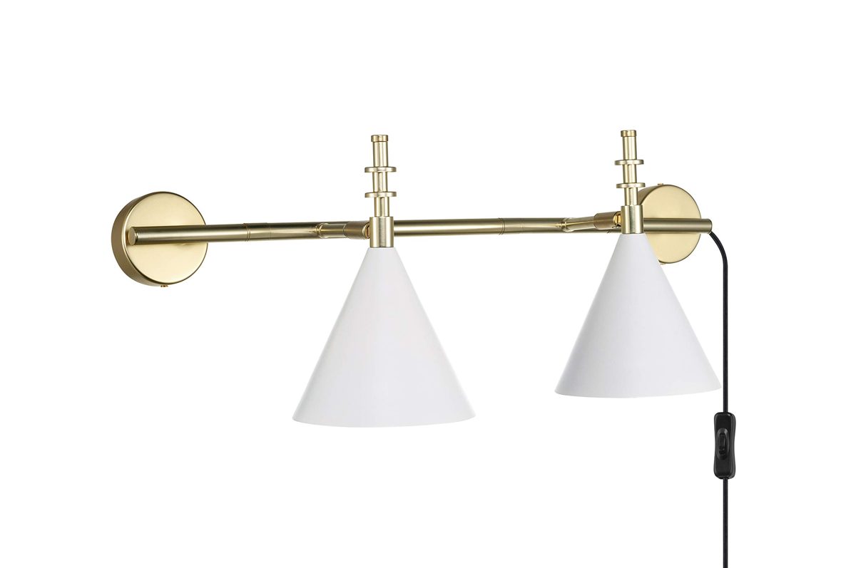 Amazon Brand – Rivet 2-Light Plug-In Wall Sconce with Glossy White Shades, LED Bulbs Included, 24"H, Antique Brass