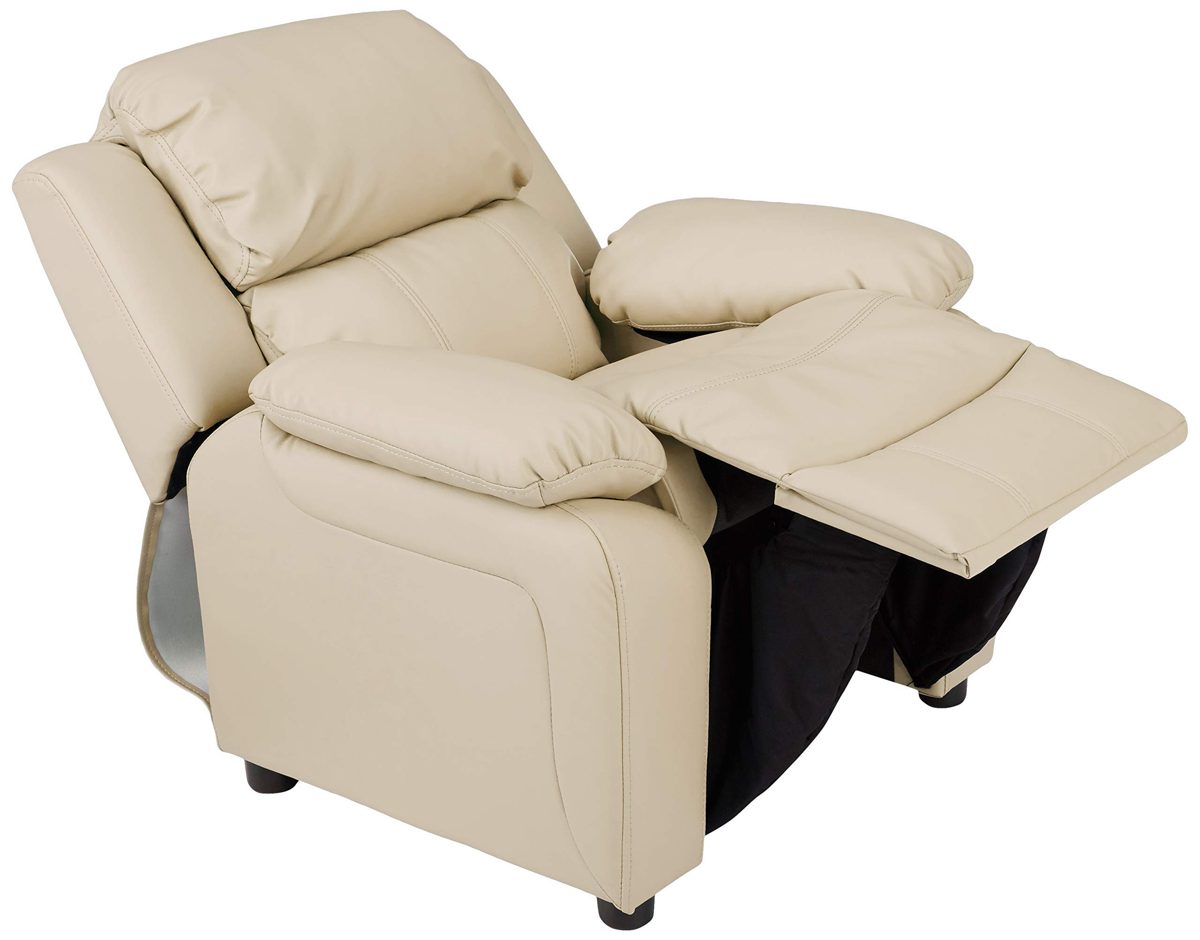 AmazonBasics LeatherSoft Kids/Youth Recliner with Armrest Storage, 5+ Age Group, Beige (Renewed)