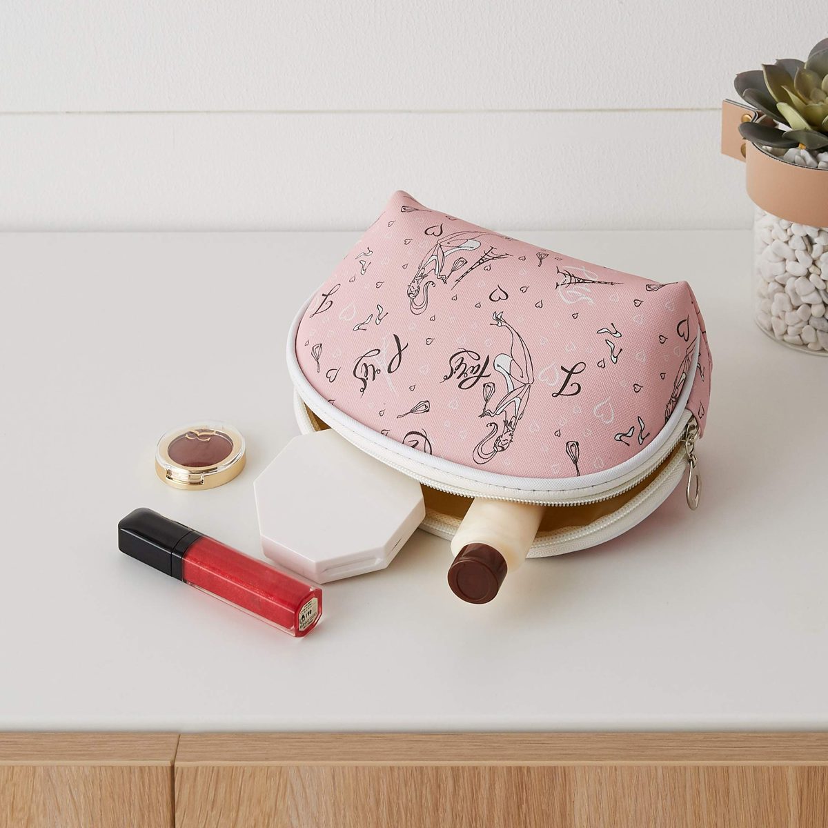 Amazon Brand - Solimo Cosmetic, Makeup & Toiletries Pouch (Paris; Pink)