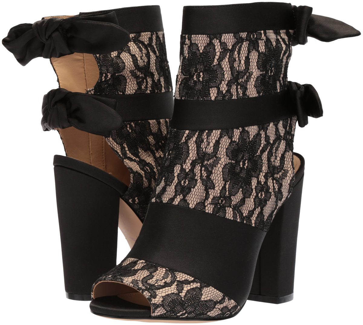 The Fix Amazon Brand Women's Phoebe Open Toe Block Heel Bootie with Bow Detail Ankle Boot, Black/Nude Lace, 11 B US