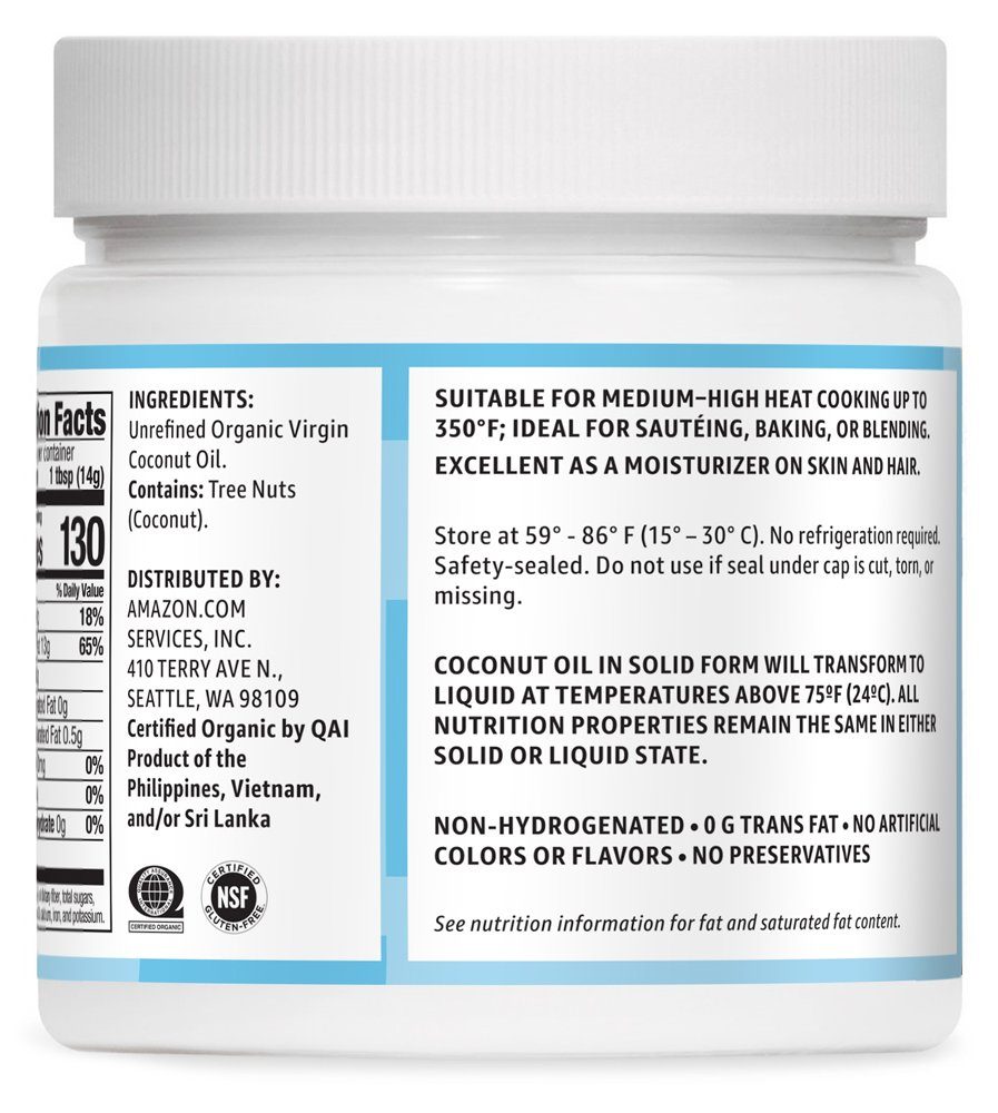 Amazon Brand - Solimo Organic Virgin Coconut Oil, Unrefined, Non-GMO, 15 ounce