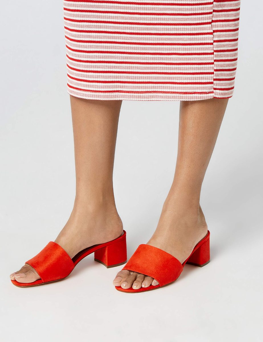 Amazon Brand - find. Women's Block Heel Mule Open-Toe Sandals,Orange (Hot Coral Hot Coral),US 8
