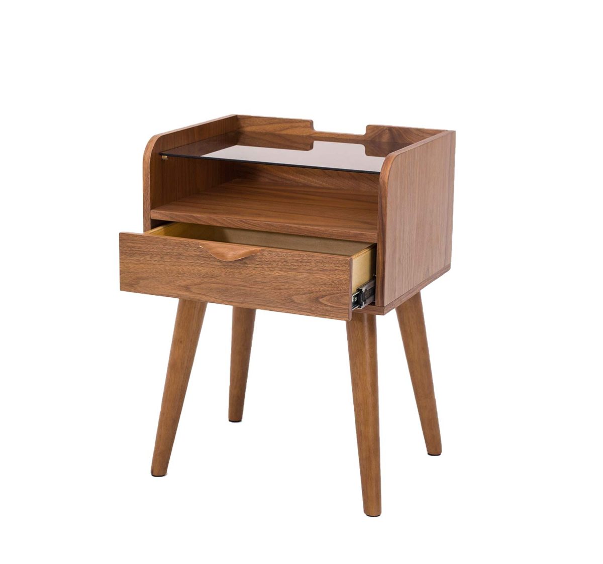 Amazon Brand - Rivet 1-Drawer End/Side Table with Shelf and Tempered Glass Top, 40 x 45 x 60cm, MDF with Walnut Veneer/Solid Beech Wood