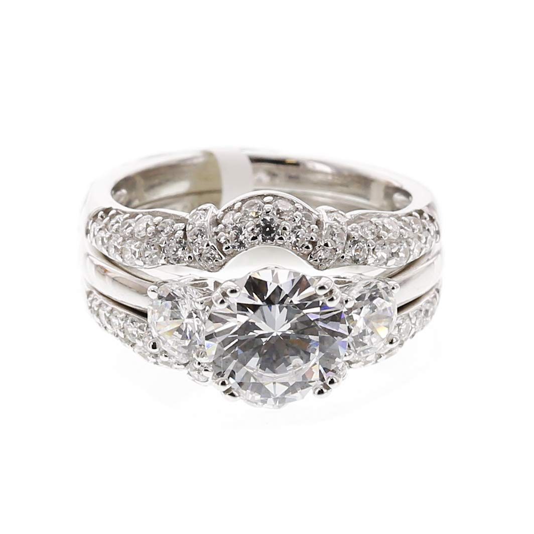 [Amazon Collection] Amazon Collection Rhodium Plated Sterling Silver Round Cut Clear Cubic Zirconia and Created Sapphire 3 Piece Ring Set, Size 9