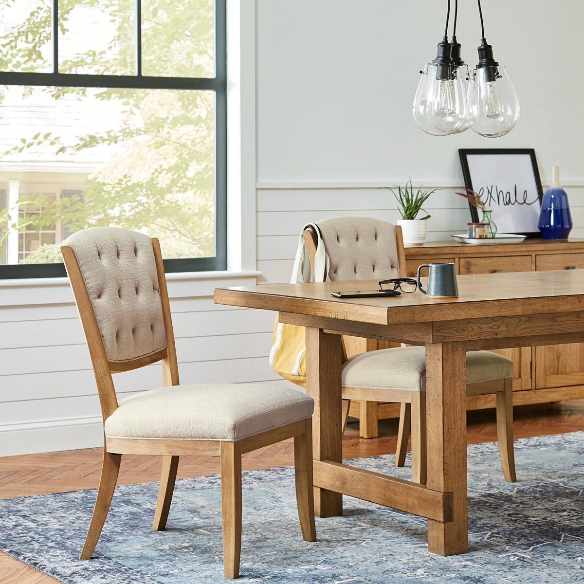 Amazon Brand – Stone & Beam Bergen Tufted Dining Room Kitchen Chairs, 38.6"H, Set of 2, Hemp Beige, Wood Oak