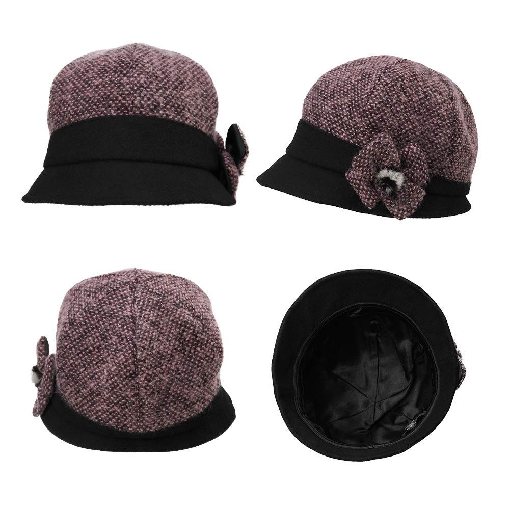 Jeff & Aimy Omens Winter Bucket Gatsby Derby Hat 1922s Fedora Round Cloche Bowler Beret Fall Bow Tea Party Purplr