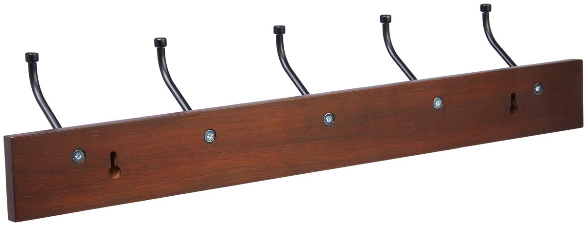 AmazonBasics Wall-Mounted Farmhouse Coat Rack, 5 Standard Hooks, Light Walnut