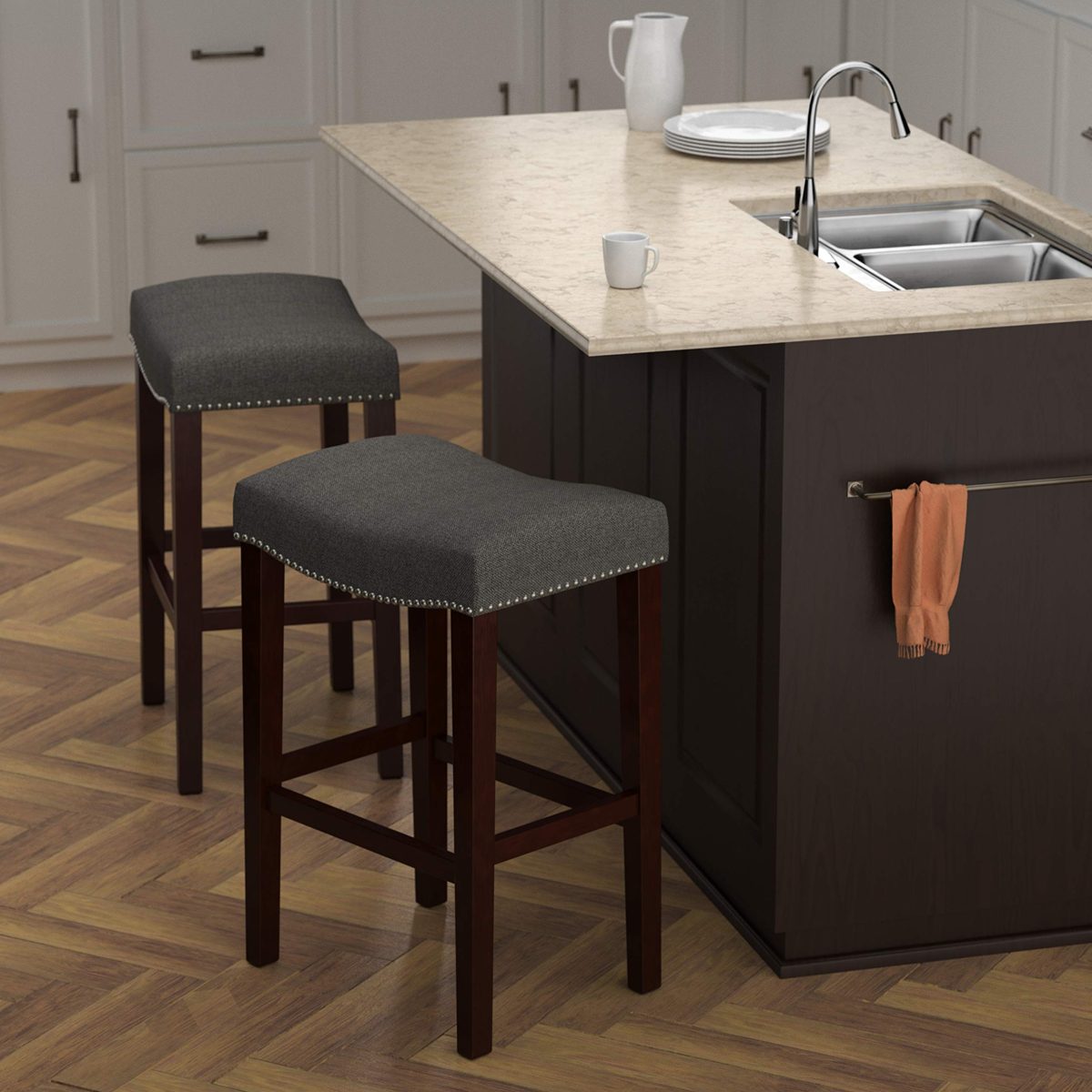 Ravenna Home Faraday Saddle Nailhead Bar Stool, 30.5"H, Zinc