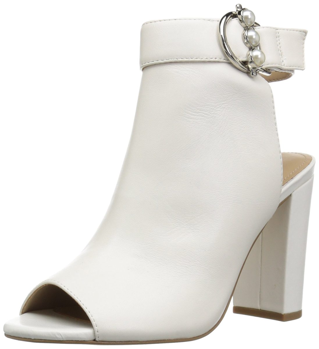 Amazon Brand - The Fix Women's Giana Open Toe Bootie with Pearl Buckle, bright white leather, 6.5 B US