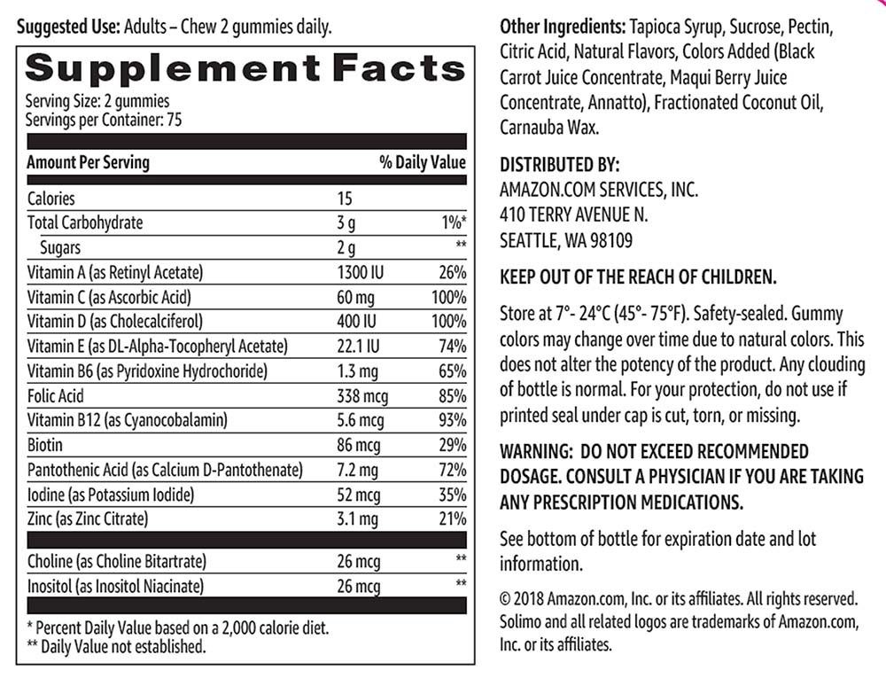 Amazon Brand - Solimo Adult Multivitamin, 150 Gummies, 75-Day Supply (Pack of 2)