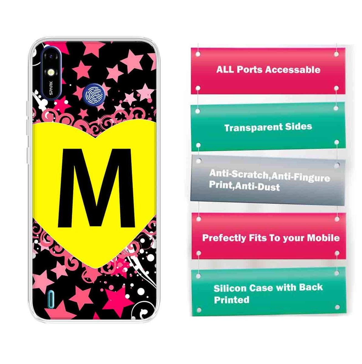 Amazon Brand - Solimo Designer Multicolor Heart Pattern Alphabet-M Printed Soft Back Case Mobile Cover for Tecno Spark Go Plus