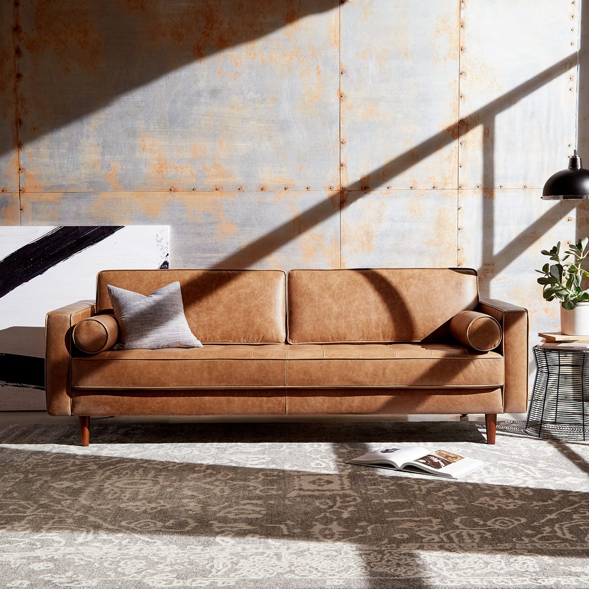 Amazon Brand – Rivet Aiden Tufted Mid-Century Modern Leather Bench Seat Sofa, 86.6" W, Cognac