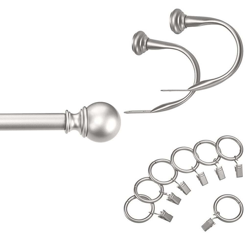 AmazonBasics 1" Curtain Rod with Round Finials, 72" to 144", Curtain Clip Ring (Set of 7), and Curtain Holdbacks (Set of 2), Nickel