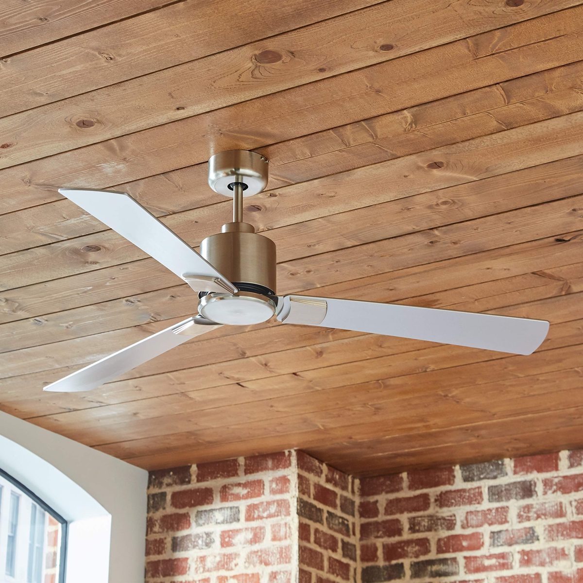 Amazon Brand – Rivet Modern Cylindrical 3 Blade Flush Mount Ceiling Fan - 43 x 43 x 12.5 Inches, Brushed Nickel